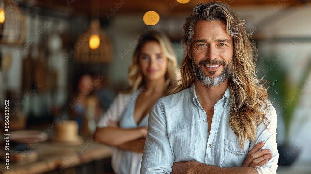 Successful happy businessman and businesswoman standing back to back with arms crossed and smiling at camera, office interior. Partnership concept 