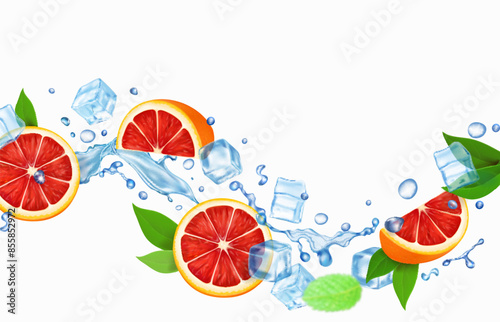 Realistic 3d flying grapefruit. Falling grapefruit on white background with water splash and ice cubes. Summer citrus fruit smoothie, Citrusy drink,