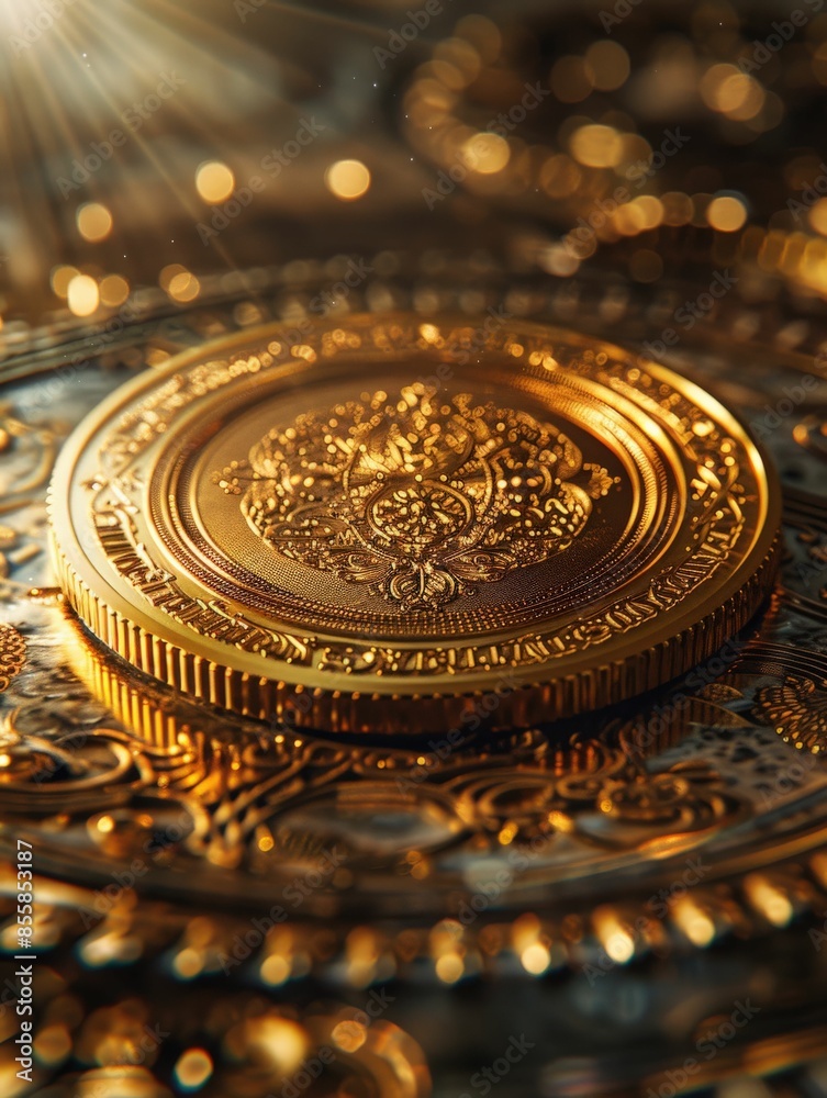 Obraz premium Intricately Designed Gold Coin on Ornate Background with Sunlight Reflections