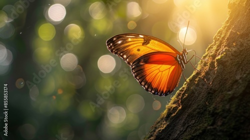 Colorful tropical background. bright orange monarch butterfly on a tree
