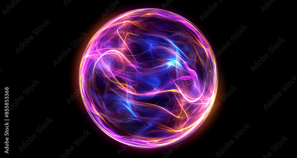 A glowing purple orb with a blue and orange swirl. The image is of a colorful, glowing object that appears to be floating in space A glowing purple orb with a blue and orange swirl. The image is of a colorful, glowing object that appears to be floating in space