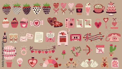 Valentine's Day elements set. Chocolate covered strawberries, heart lollipops, cupcakes, cake, chocolate, love birds, love letters and more. Hand drawn vector illustrations.