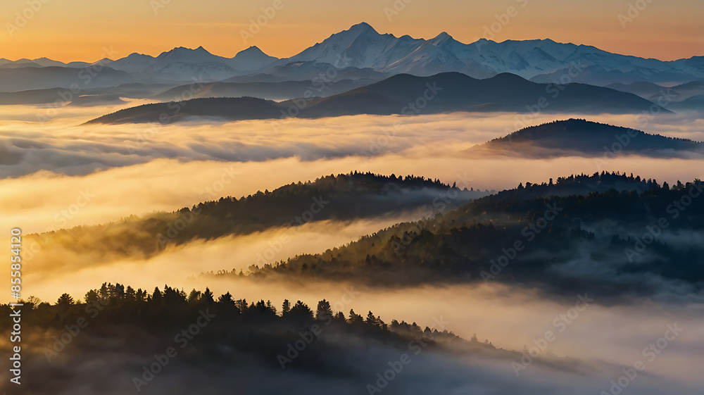 Fototapeta premium At dawn, mountains emerge from fog under the morning sun.The morning sun casts its light over fog-covered mountains at dawn.