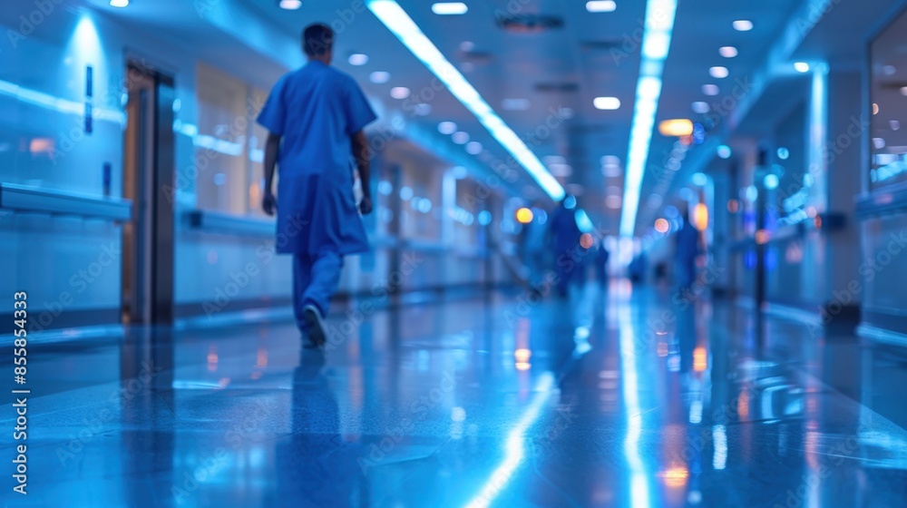 Blurred image of hospital corridor with people walking in blue light.