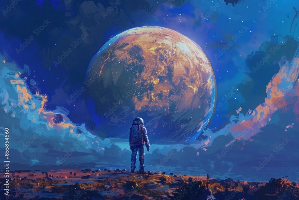 Spaceman standing and looking at a mysterious sphere digital art style illustration painting fantasy illustration of a cosmonaut looking at sphere Spaceman standing and looking at a mysterious sphere digital art style illustration painting fantasy illustration of a cosmonaut looking at sphere