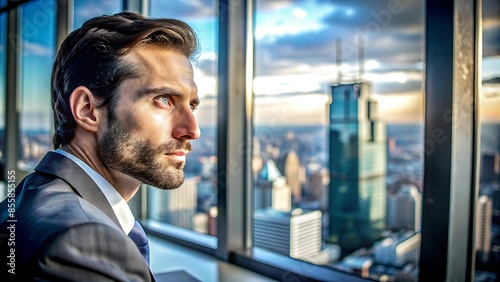 A man with a thoughtful expression looks out a window at a bustling cityscape.   © theartcreator