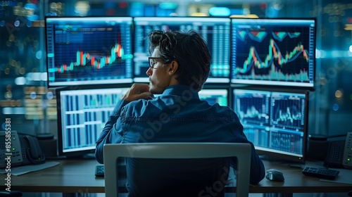 Professional Financier Analyzes Data on Multiple High Tech Monitors in a Focused Business Environment