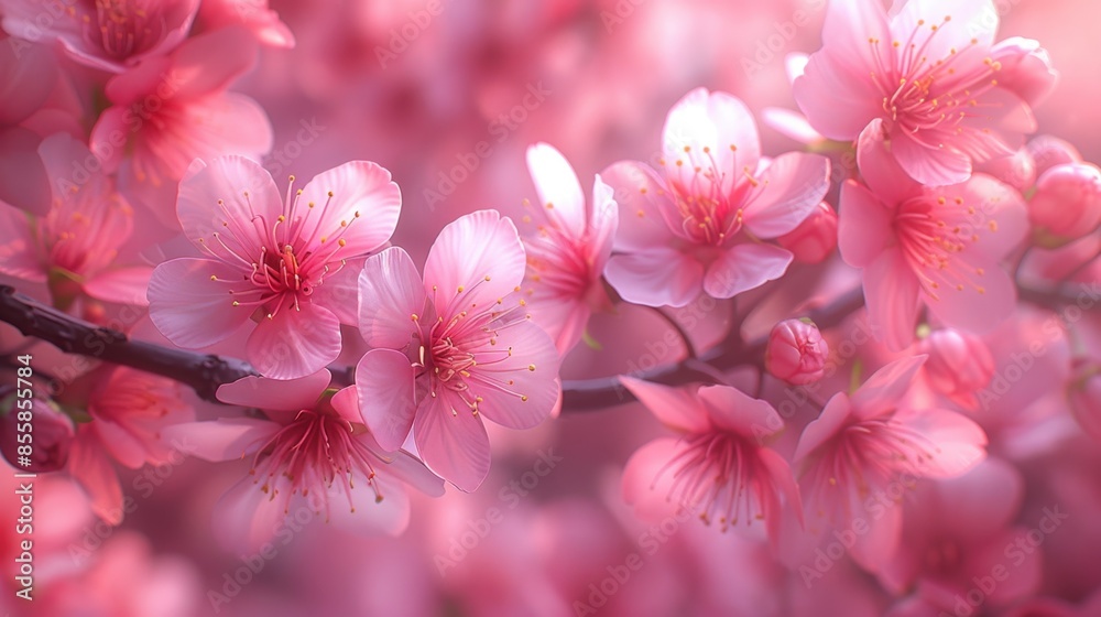 Obraz premium Close-up of cherry blossom tree branches laden with fully opened flowers, showcasing intricate details of petals and buds in various stages of bloom. Soft focus background adds depth and enhances the