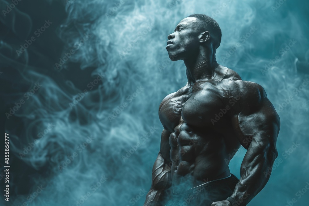 Muscular Bodybuilder Posing in Smoky Atmosphere with Intense Expression and Defined Muscles Muscular Bodybuilder Posing in Smoky Atmosphere with Intense Expression and Defined Muscles