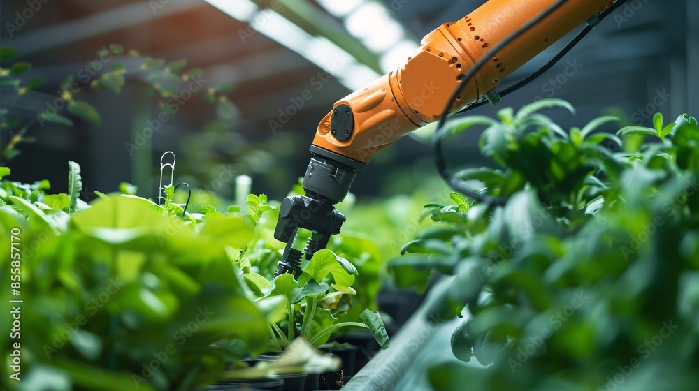 In a laboratory setting, a robot arm is shown growing plants, illustrating smart robotic applications in greenhouses for autonomous farming and robotic harvesting. In a laboratory setting, a robot arm is shown growing plants, illustrating smart robotic applications in greenhouses for autonomous farming and robotic harvesting.