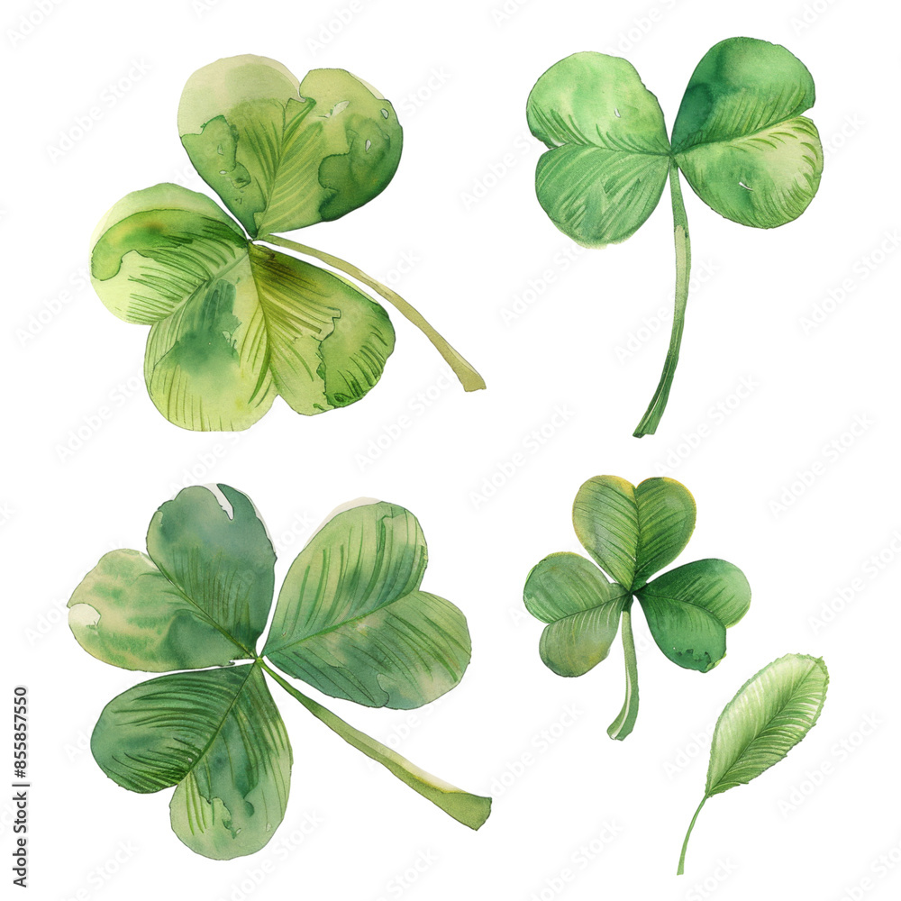 Watercolor Four-Leaf Clovers Isolated on Transparent Background, Ideal for St. Patrick's Day Decorations and Good Luck Symbols Watercolor Four-Leaf Clovers Isolated on Transparent Background, Ideal for St. Patrick's Day Decorations and Good Luck Symbols