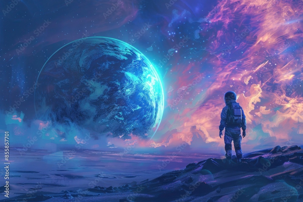 Spaceman standing and looking at a mysterious sphere digital art style Spaceman standing and looking at a mysterious sphere digital art style