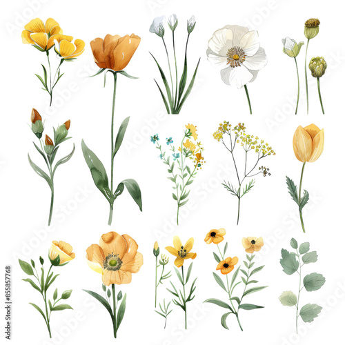 Wallpaper Mural Set of Watercolor Wildflowers and Plants Isolated on Transparent Background, Perfect for Nature Art and Botanical Illustrations Torontodigital.ca