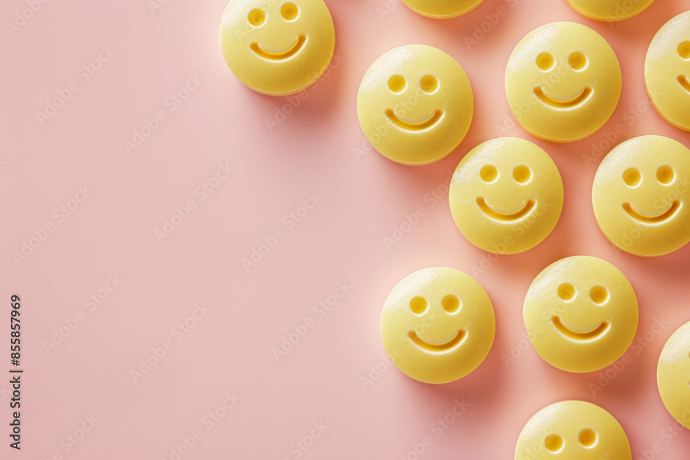 Fototapeta premium Yellow round pills with smiling faces are forming a pattern on a pink background