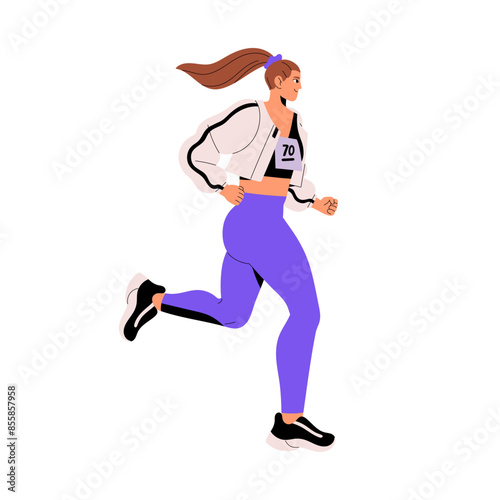 Happy athlete, sportswoman running, does cardio workout. Jogger training for competition. Runner jogging in marathon. Active woman does sport, physical exercises. Flat isolated vector illustration