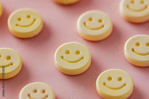 Yellow round pills with smiley faces are lying on a pink background, symbolizing antidepressants and mental health