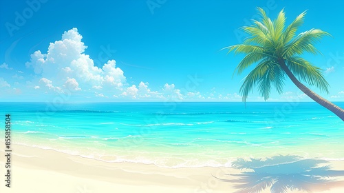 Tropical beach view with one coconut tree bright blue sky © carlesroom