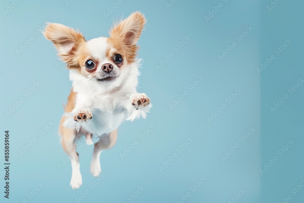 Active agile puppy jumping high in the air on a blue color studio background. Young dog playing, flying. Cute Chihuahua pup looking happy isolated on colorful backdrop. Creative flyer for your ad Active agile puppy jumping high in the air on a blue color studio background. Young dog playing, flying. Cute Chihuahua pup looking happy isolated on colorful backdrop. Creative flyer for your ad