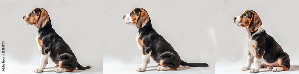 Curious Beagle Puppy Sitting and Panting on a White & Gray Background