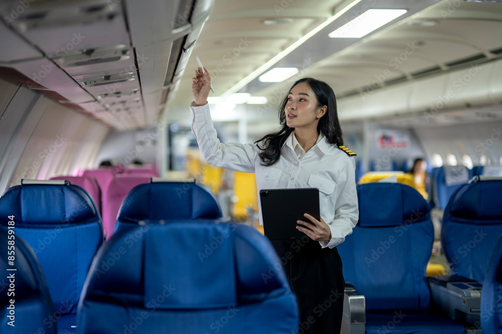 A woman in a white uniform is looking at a tablet in an airplane A woman in a white uniform is looking at a tablet in an airplane