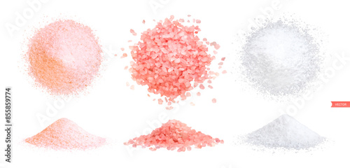 Collection of different types of salt with text captions isolated on white background. Top view and side view. Realistic vector illustration