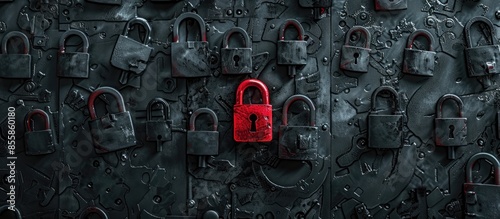 Hacking the security. The threat of information leakage and the security of the system. Red open padlock among closed black ones. Close the gap, fix the problem. with copy space image