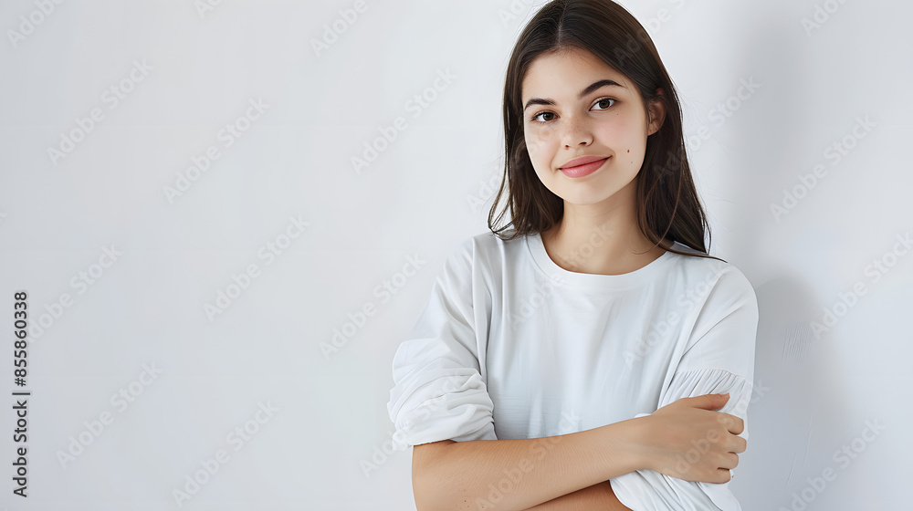 Beautiful young woman looking happy and carefree, standing with arms crossed on chest over white background Beautiful young woman looking happy and carefree, standing with arms crossed on chest over white background