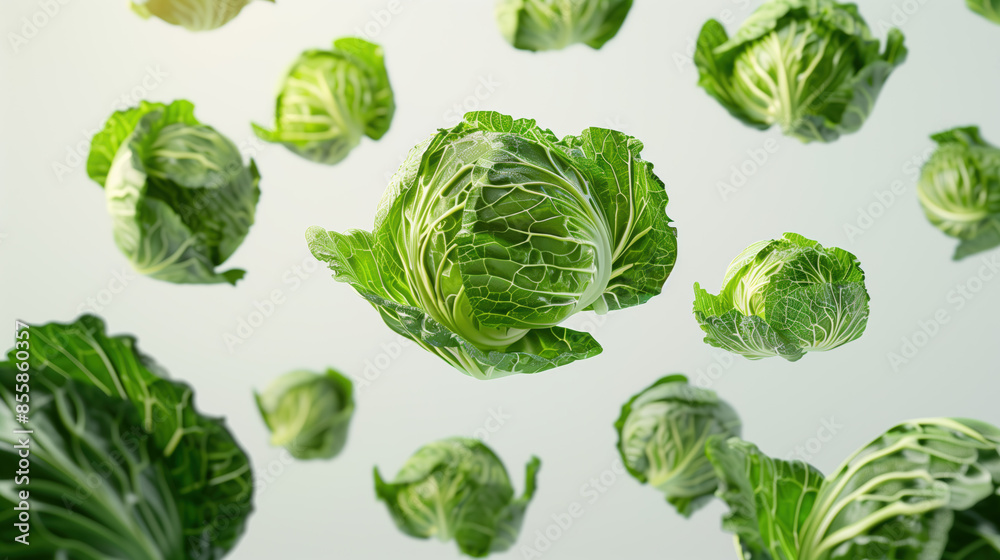 Close-Up Photo of a Whole Cabbage Hovering on a Clean White Background Close-Up Photo of a Whole Cabbage Hovering on a Clean White Background