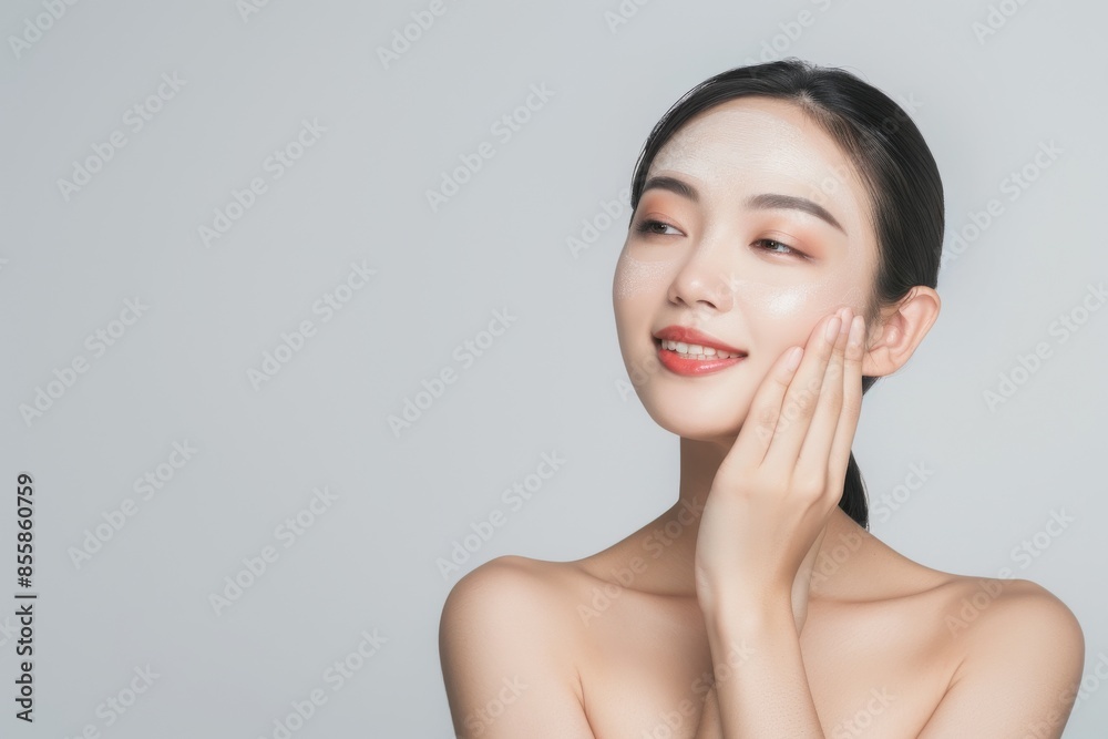 Beautiful young Asian woman Skin care. Woman with beauty face touching healthy facial skin portrait. Beautiful smiling asian girl model with natural makeup touching glowing hydrated skin Beautiful young Asian woman Skin care. Woman with beauty face touching healthy facial skin portrait. Beautiful smiling asian girl model with natural makeup touching glowing hydrated skin