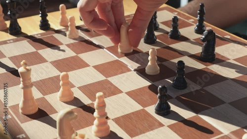 People playing chess at home and setting up the board with pieces for strategy planning and critical thinking on board game concept