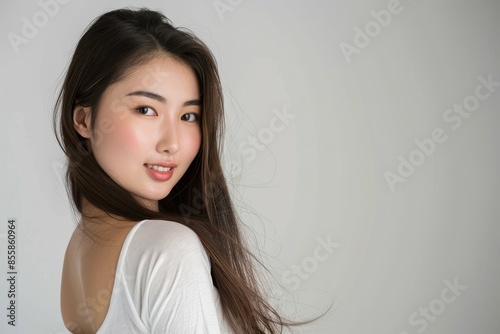 Beautiful young Asian woman Skin care. Woman with beauty face touching healthy facial skin portrait. Beautiful smiling asian girl model with natural makeup touching glowing hydrated skin