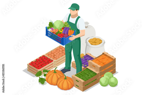 Isometric Vegetables Sale. Farmer sells fresh vegetables. Natural fresh products. Sellers and marketing concept. Farmer market