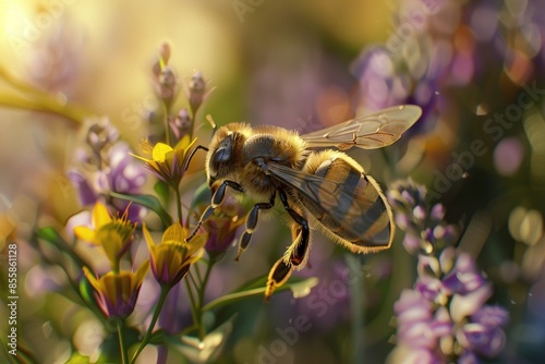 Bee pollinating colorful flowers. Macro shot with shallow dept of field. Ai generative