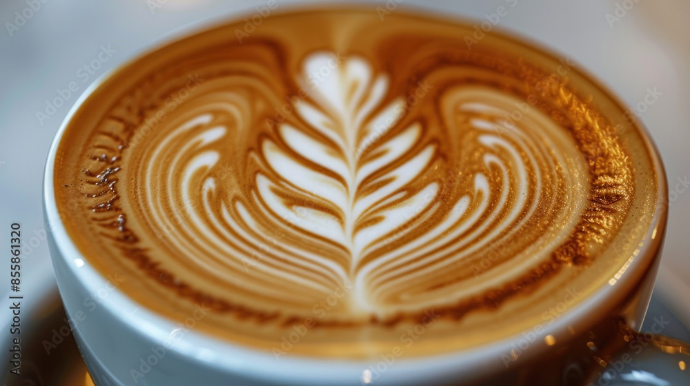 A cup of coffee with a leaf design on top A cup of coffee with a leaf design on top