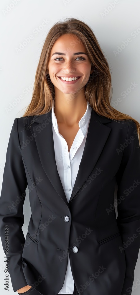Confident young professional woman in business attire smiling against a plain background, representing success and career growth. Confident young professional woman in business attire smiling against a plain background, representing success and career growth.