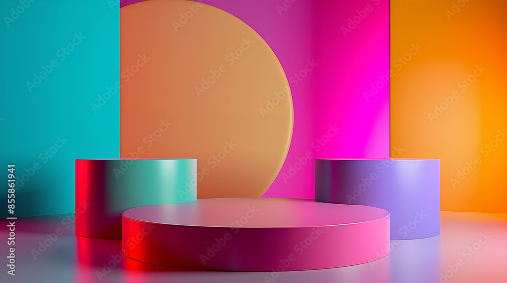 A colorful set of three round pedestals, each with a different color. The set is designed to create a vibrant and lively atmosphere, with the bright colors
