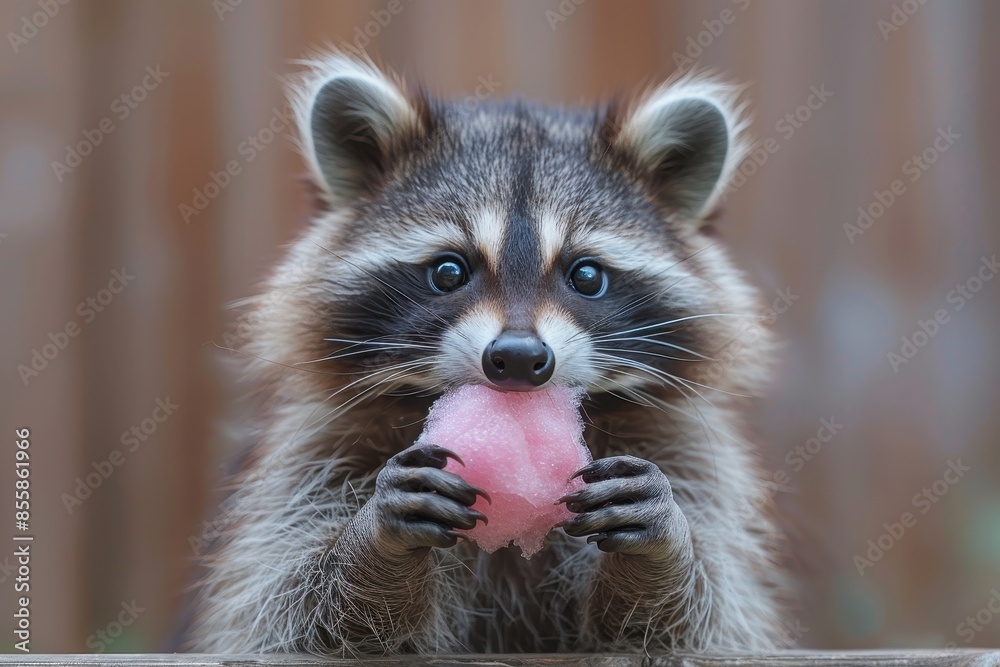 Obraz premium A playful raccoon holding a piece of pink cotton candy, sitting on a wooden fence. The raccoon looks excited and happy 