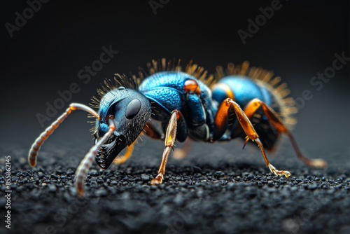 Close-up of a Blue Ant on Black Surface