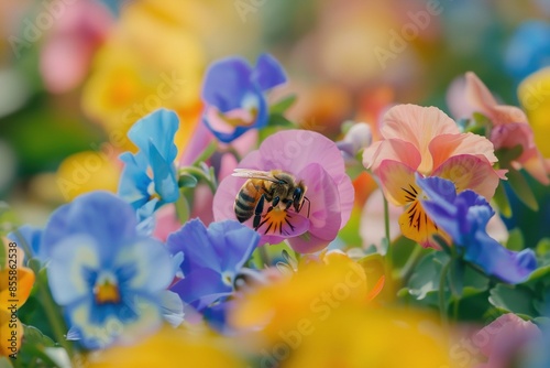 Bee pollinating colorful flowers. Macro shot with shallow dept of field. Ai generative