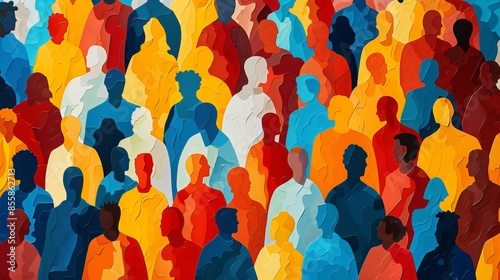 Vibrant mosaic crowd of people, global unity celebrating humanity's diverse spectrum, paper cut out style