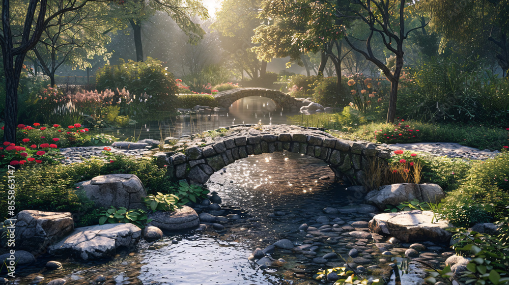 Fototapeta premium Tranquil Garden Oasis with Winding River and Stone Bridges, Copy Space Above