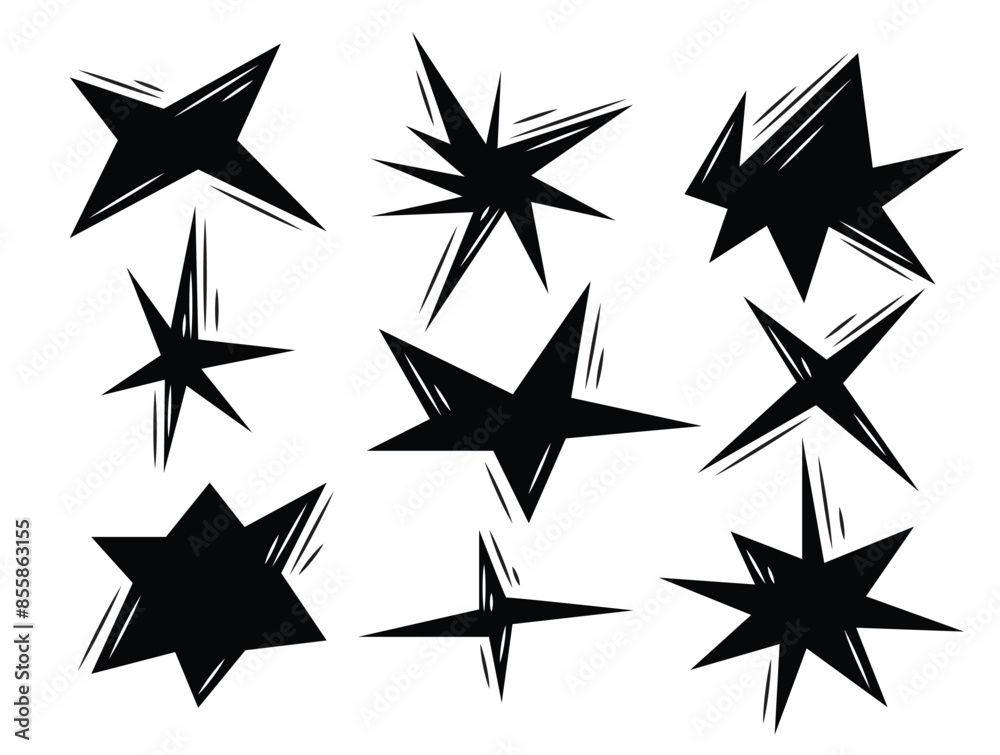Vector set of stars and polygons of different shapes and sizes. Black symbols on a white background. Design elements Vector set of stars and polygons of different shapes and sizes. Black symbols on a white background. Design elements
