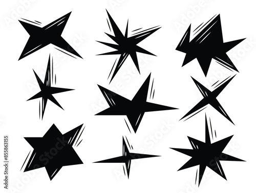 Vector set of stars and polygons of different shapes and sizes. Black symbols on a white background. Design elements