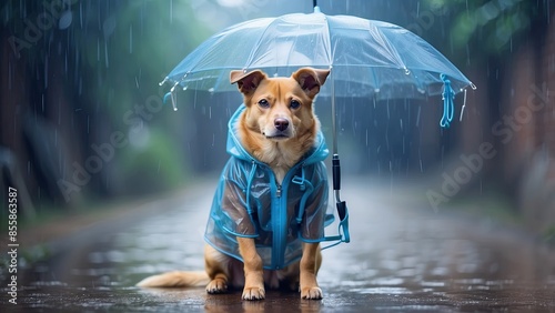 Dog in blue raincoat in full body standing under open transparent umbrella, rainy season concept. full body, advertisement, advertising, dog, doggy, dressed, drop, humor, mascot, mood, pet, protection photo
