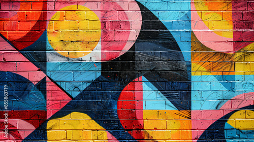 Urban Abstract Graffiti Mural on Brick Wall with Copy Space for Text - Bold Shapes and Vibrant Colors Street Art Background