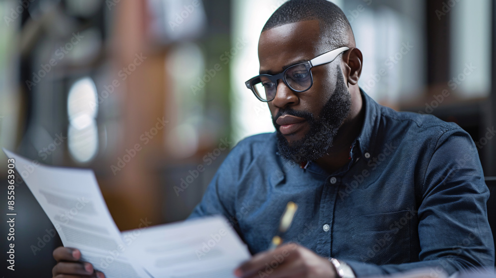 Businessman Reading Document with Intense Focus in Plain Office Setting Businessman Reading Document with Intense Focus in Plain Office Setting