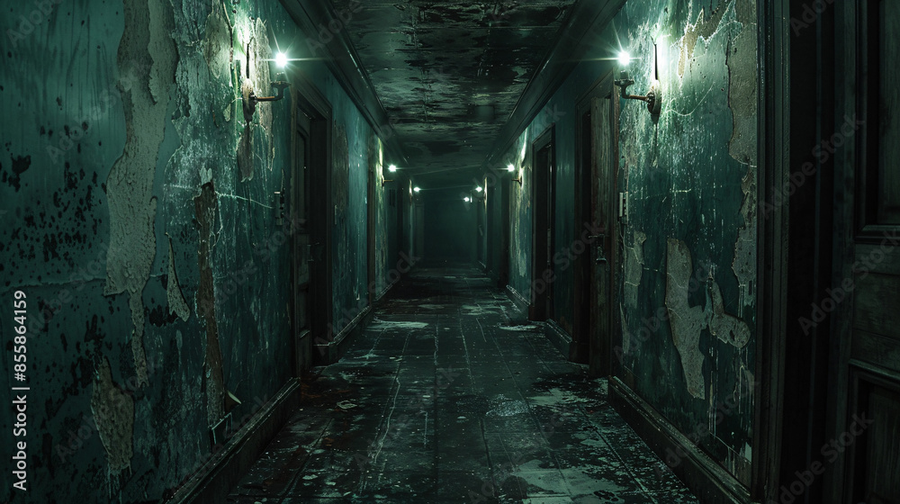 Desolate Hallway with Flickering Lights in Abandoned Building - Concept of Solitude and Loneliness. Perfect Copy Space for Text Overlay. Desolate Hallway with Flickering Lights in Abandoned Building - Concept of Solitude and Loneliness. Perfect Copy Space for Text Overlay.