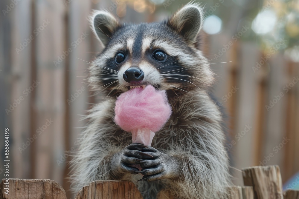 A playful raccoon holding a piece of pink cotton candy, sitting on a wooden fence. The raccoon looks excited and happy A playful raccoon holding a piece of pink cotton candy, sitting on a wooden fence. The raccoon looks excited and happy