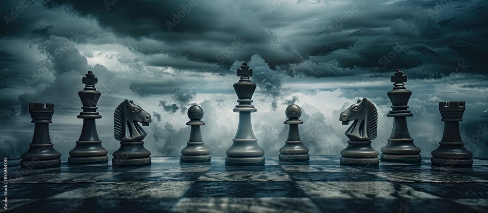 Chess pieces on a chessboard against the background of a dark stormy sky. Game of chess as symbol of strategy, leadership and business victories. Concept on the topic of struggle, clashes in politics. Chess pieces on a chessboard against the background of a dark stormy sky. Game of chess as symbol of strategy, leadership and business victories. Concept on the topic of struggle, clashes in politics.