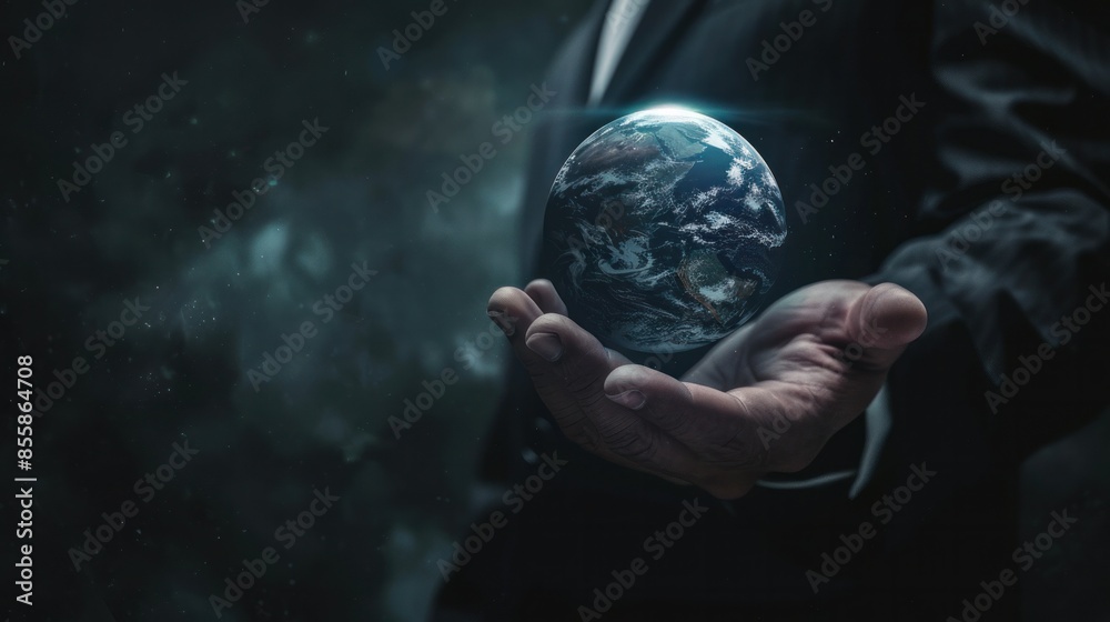 A business man in a suit holds a hologram of the planet Earth in his hand. A business man in a suit holds a hologram of the planet Earth in his hand.